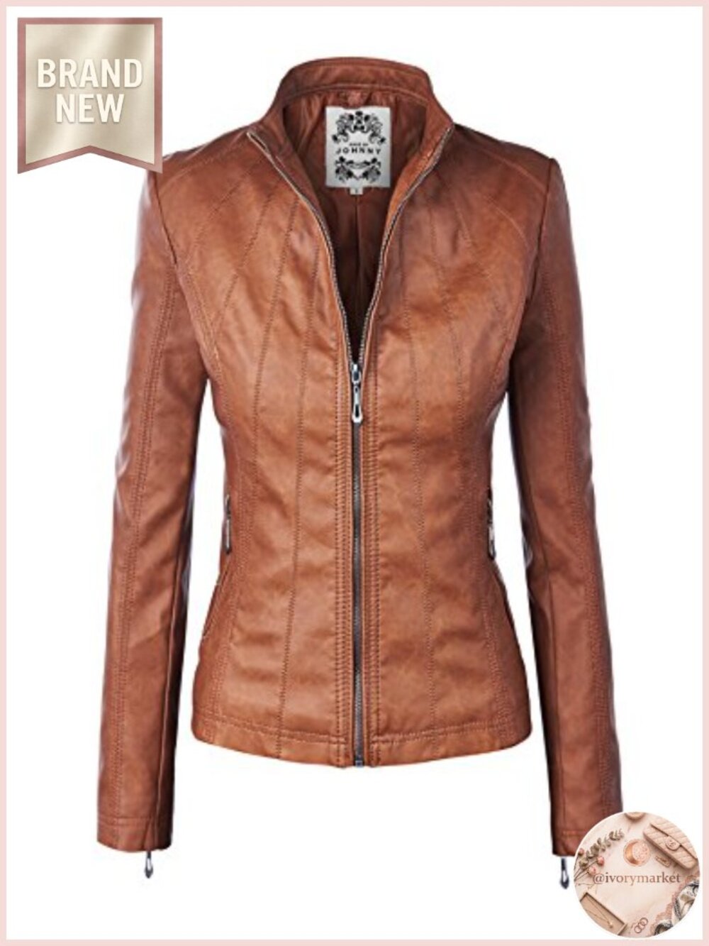 Faux Leather Zip Up Moto Biker Jacket With Stitching